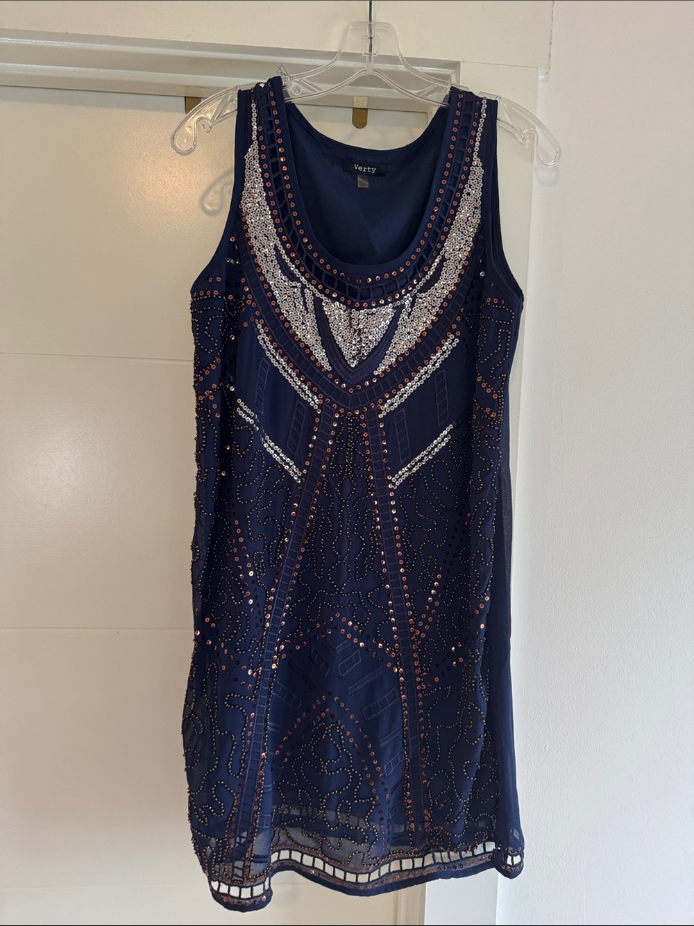 Verty Navy Beaded Sleeveless Shift Dress